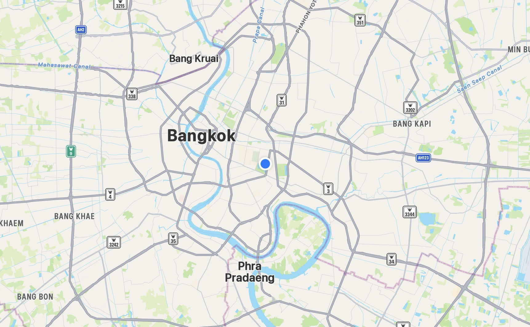 Map of Bangkok with blue location dot