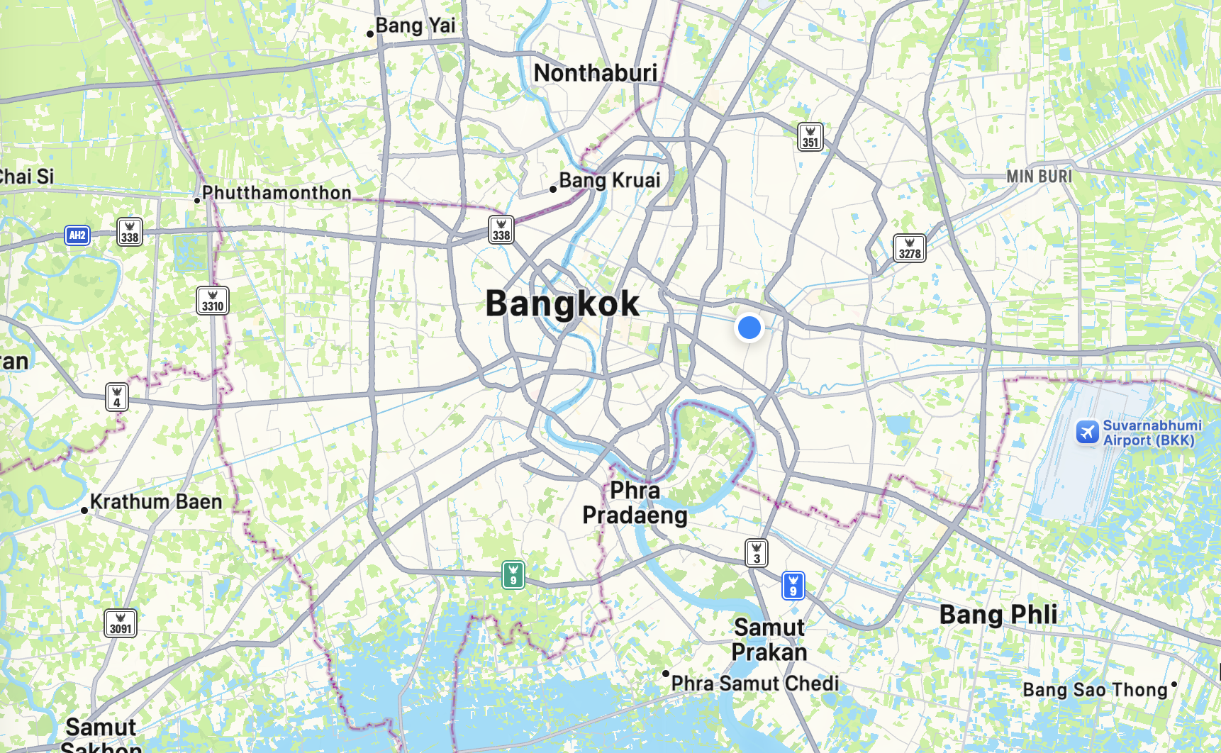 Map of Bangkok with blue location dot